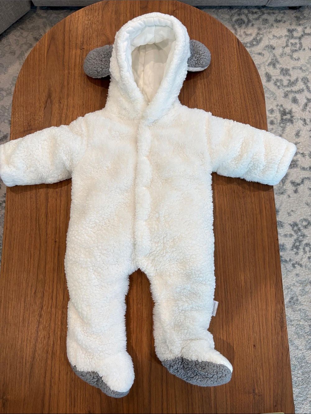 Baby Plush Hooded One-Piece Snowsuit - White with Gray Accents